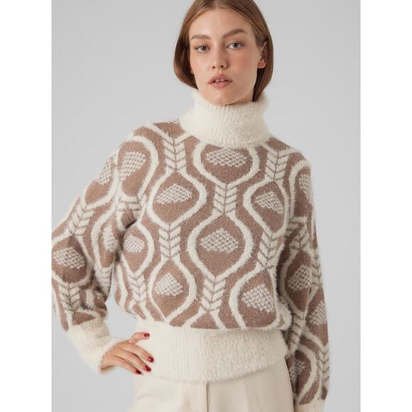 NWOT High Neck Tan Cream Knit Geometric Long Sleeve Winter Sweater S - Picture 1 of 7